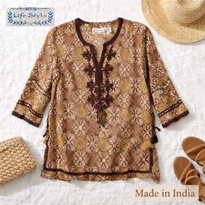 Life Style Boho Embroidered Tunic Brown & Gold India Made Size Large
